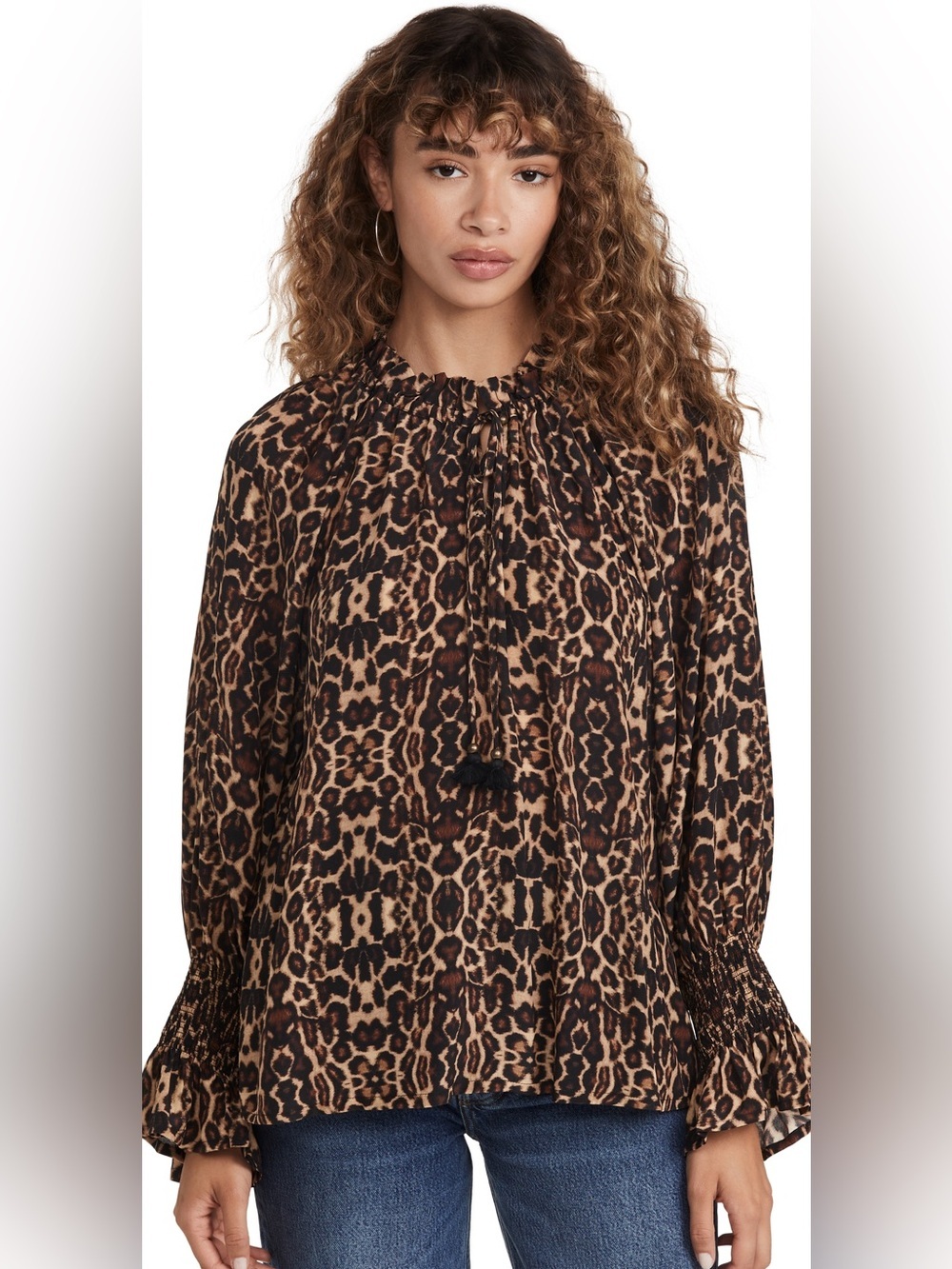 Figure Leopard Print Lianna Silk Long Sleeve Top Size Small Boho Peasant